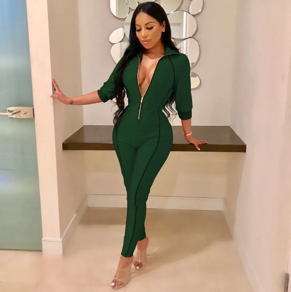 enteritos mujer Plus Size Jumpsuit Women Sexy Zipper Front V Neck Sheath Bodycon 3/4 Sleeve Solid Rompers Female Body Overalls