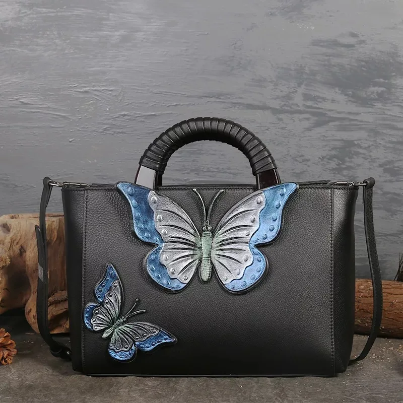 

Blue Butterfly Handbag Women First Layer Genuine Leather Tote Handle Bag with Designer Wooden Handle Fashion Bags