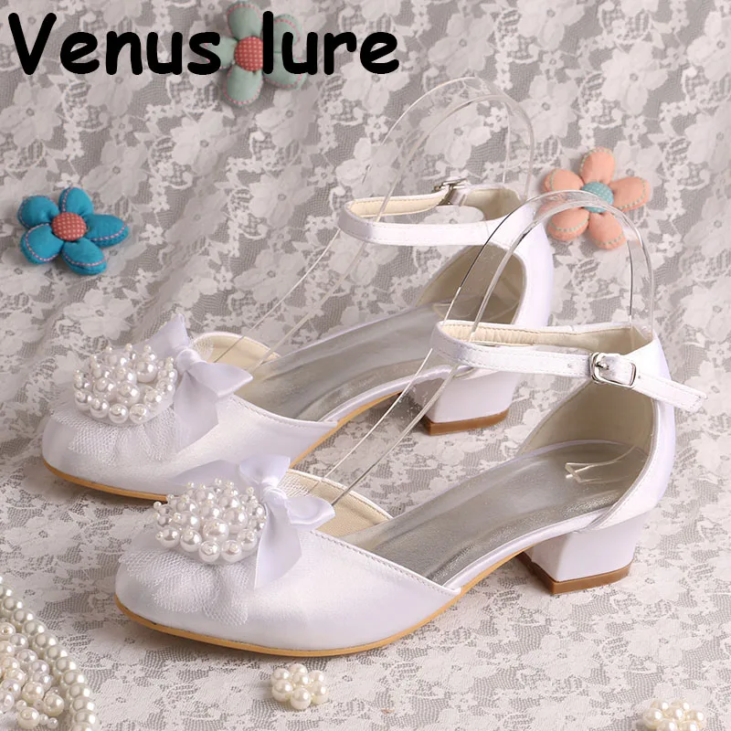 22 Colors Satin White Comfortable Wedding Shoes Pearl With Chunky