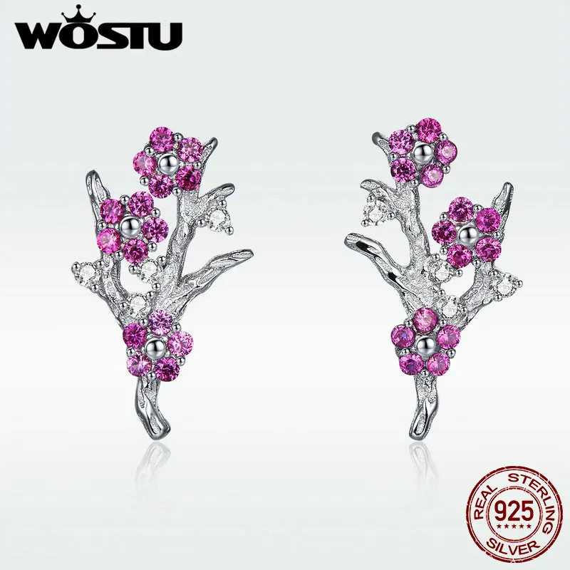 WOSTU, корейская мода, настоящее 925 пробы, серебро, цветок сливы, серьги-гвоздики для женщин, Свадебные Роскошные серебряные ювелирные изделия FNE040