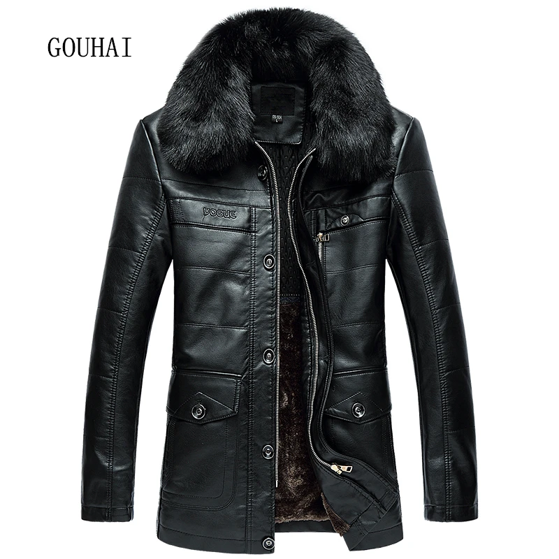 2017 New Long Winter Jacket Mens Leather Jacket Fur Collar Business