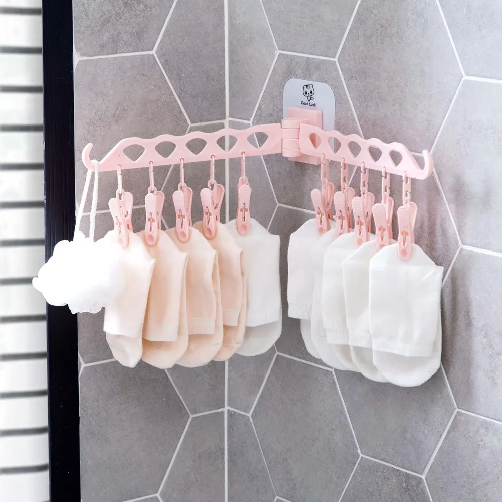 

OTHERHOUSE 10 Clips Foldable Clothes Rack Hanger Laundry Fold Wall Mounted Drying Rack Holder For Bra Socks Underware Clothespin
