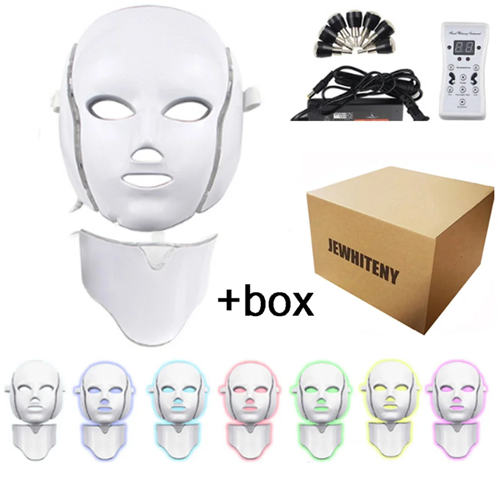 with neck-with box Фотон Электрический светодиодный маска для лица 7 цветов светодиодный с кожу шеи омоложение против морщин Acne фотона уход за кожей салон инструмент - Цвет: with neck-with box