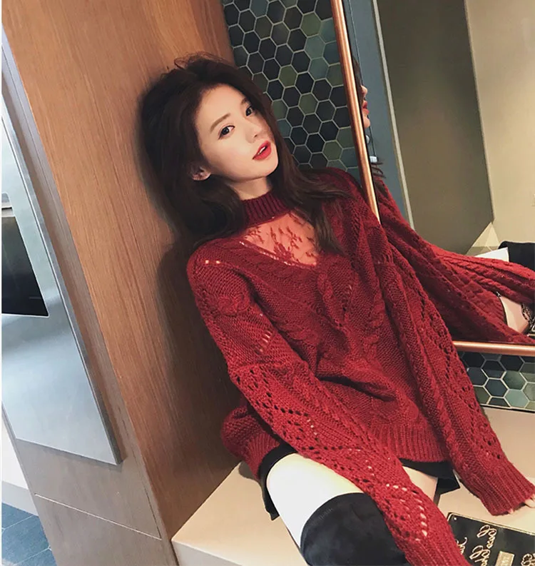 RUGOD сексуальный кружевной сетчатый лоскутный вязаный женский свитер корейский шик круглый вырез витые пуловеры свитера модная одежда больших размеров