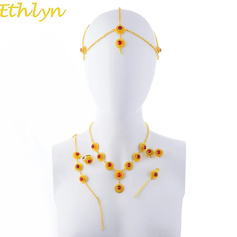

Ethlyn Ethiopian Jewelry Set Necklace/Earring/Ring/Hair Piece/Hair Chain Bracelet Gold Color African Bridal Eritrea Gift S184