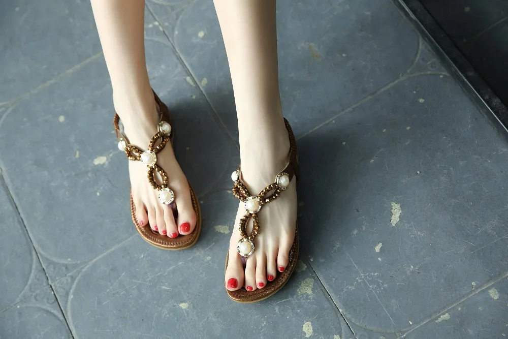 SIKETU/; женские сандалии на плоской подошве в богемном этническом стиле; Вьетнамки с бусинами и жемчужинами; пляжная летняя удобная обувь; Повседневная Свадебная обувь