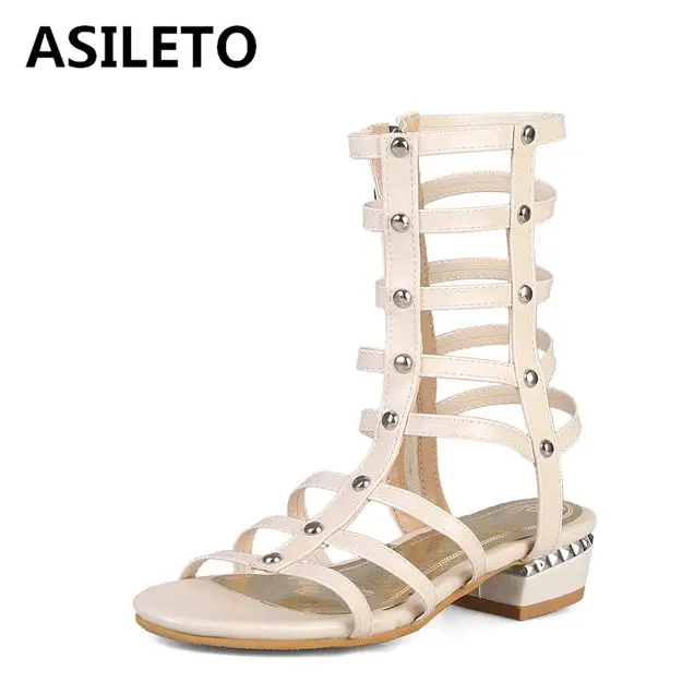 

ASILETO large size 46 Summer Women Sandals Boot Zip low heel Rivet Gladiator Open toe Shoes Casual Cool shoes Black White brown