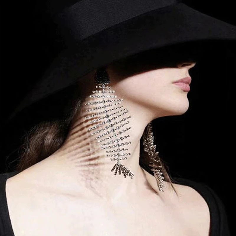 

Shiny Rhinestone Fishbone Earrings Large size Dangle Drop Earrings for Women Big Earrings Fashion Wedding Party Jewelry for her