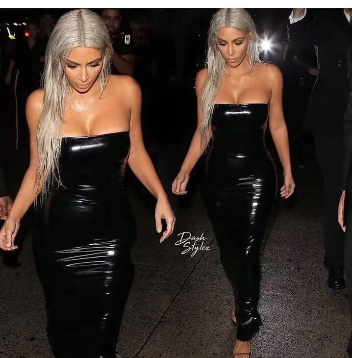 

Top Quality Sexy Women Long Dress PU Black Strapless Night Party Dress