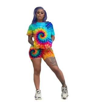 

Fashion Tie-dyed Printed Women Set 2 Piece Outfits Set Casual Short Sleeve T Shirts Skinny Shorts Tracksuits Summer Style