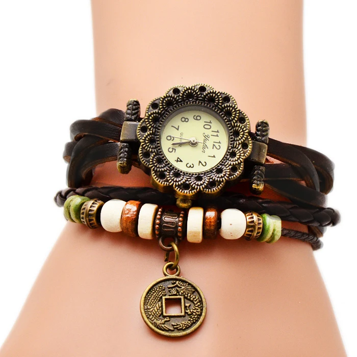 

New Fashion Women Leather Bracelet Watch Women Dress Watches Coppers Vintage WristWatch No.19