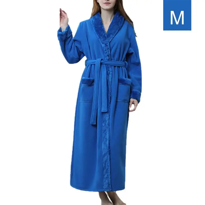 dark blue thicken Осень зима фланель Сращивание ночная рубашка Длинные пижамы банный халат для мужчин и женщин - Color: dark blue thicken