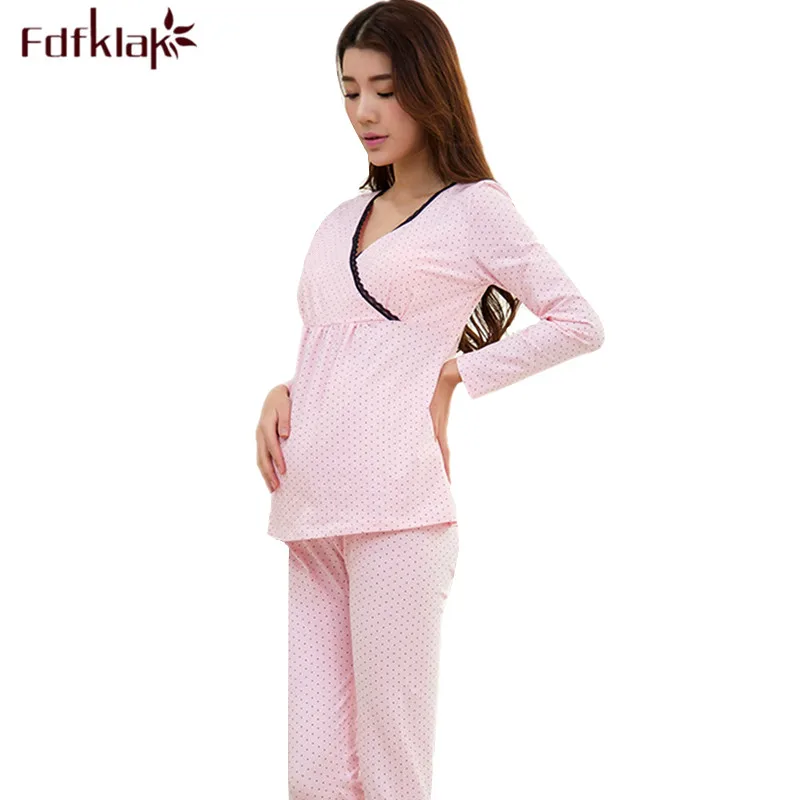 Fdfklak Soft Cotton Maternity Sleepwear Sexy V neck Pregnancy Clothes