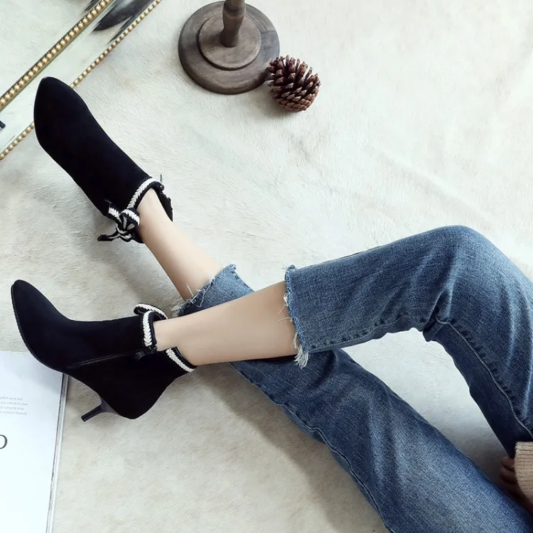 

Big Size 11 12 13 14 15 16 Chelsea Short Chelsea Boots with Suede Point and Fine Heel Side Zipper and Butterfly Knot