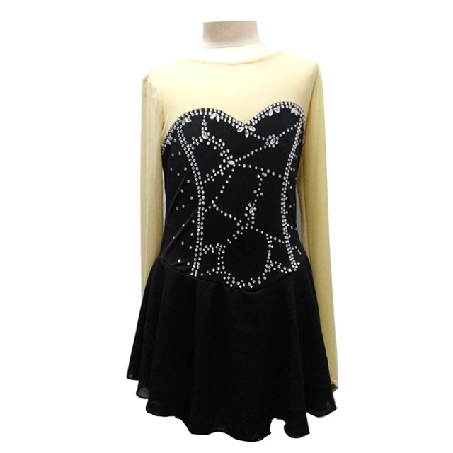 Cheap Customized Costume Ice Figure Skating Dress Rhythmic Gymnastics Black Adult Child Girl Skirt Performance Competition Rhinestone