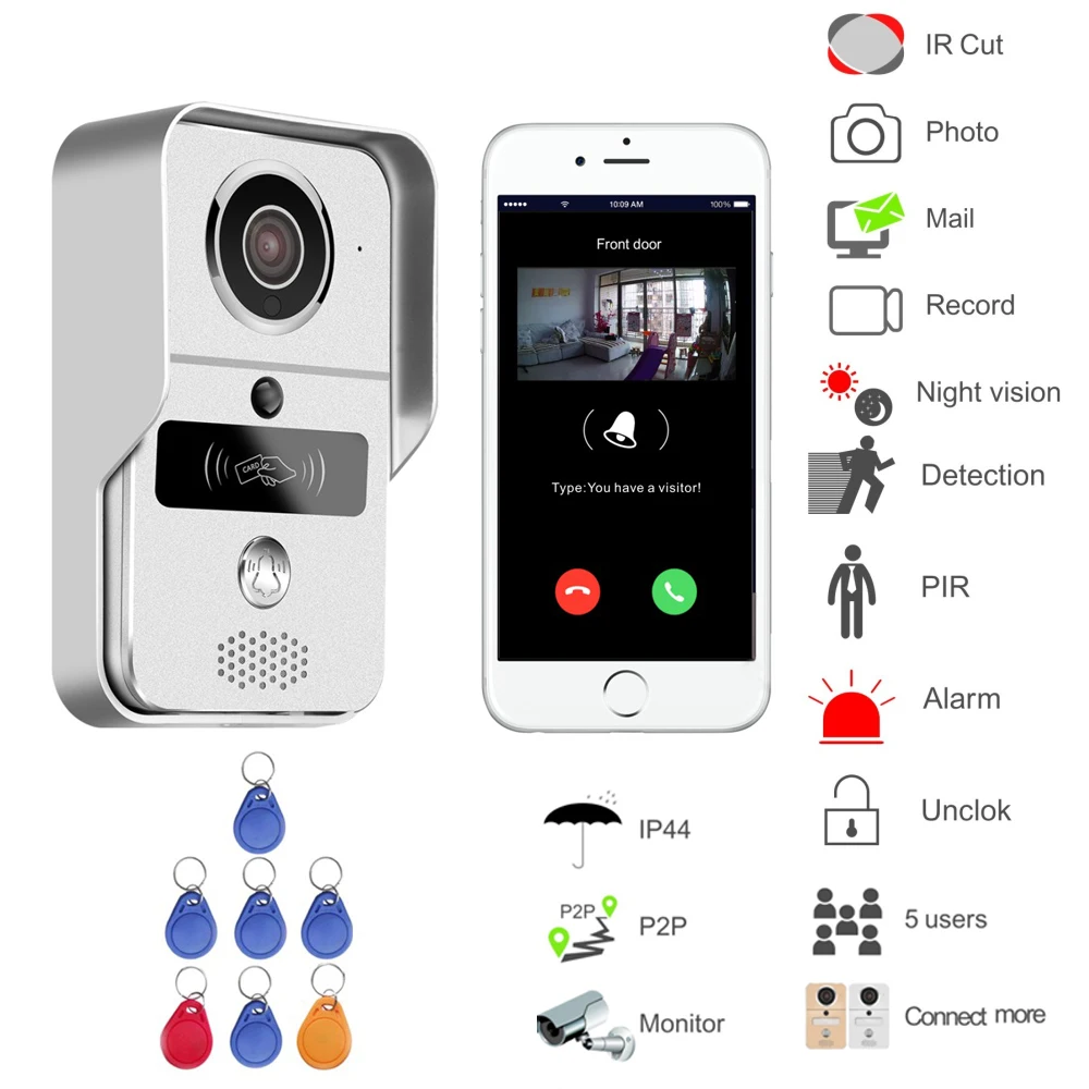새로운 홈 보안 카메라 와이파이 도어 벨 비디오 도어 폰 시스템 RFID 카드 잠금 해제 지원 IOS Andirod 앱 제어 스마트 홈
