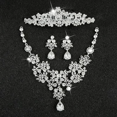 Hot Sale Sliver Plated Rhinestone Crystal Necklace+Earrings+Tiara 3pcs Jewelry Set For Bride Bridal Wedding Accessories (8)