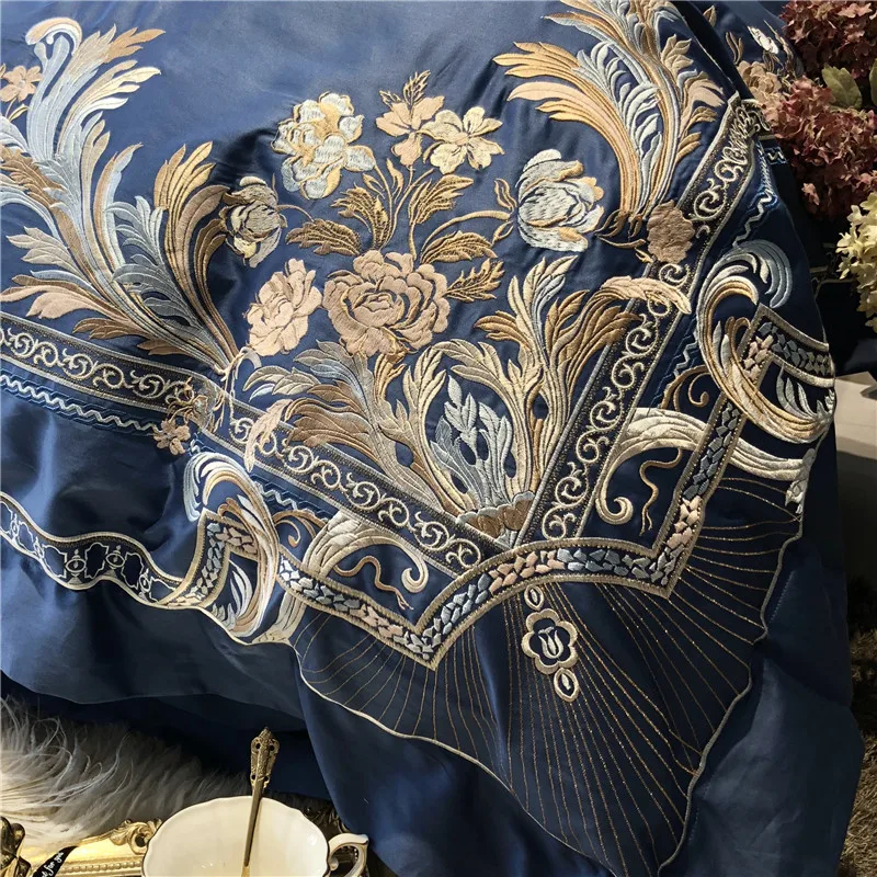 Top Champagne Blue White Luxury Royal Embroidery 100S Egyptian Cotton Palace Bedding Set Duvet Cover Bed sheet/Linen Pillowcases 37