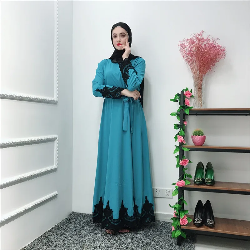 Кружевные мусульманские Абайи для Женский Восточный халат Катара ОАЭ ислам индийский мусульманское платье Хиджаб Jilbab Robe abaya Дубай турецкий ислам ic одежда - Цвет: Светло-голубой
