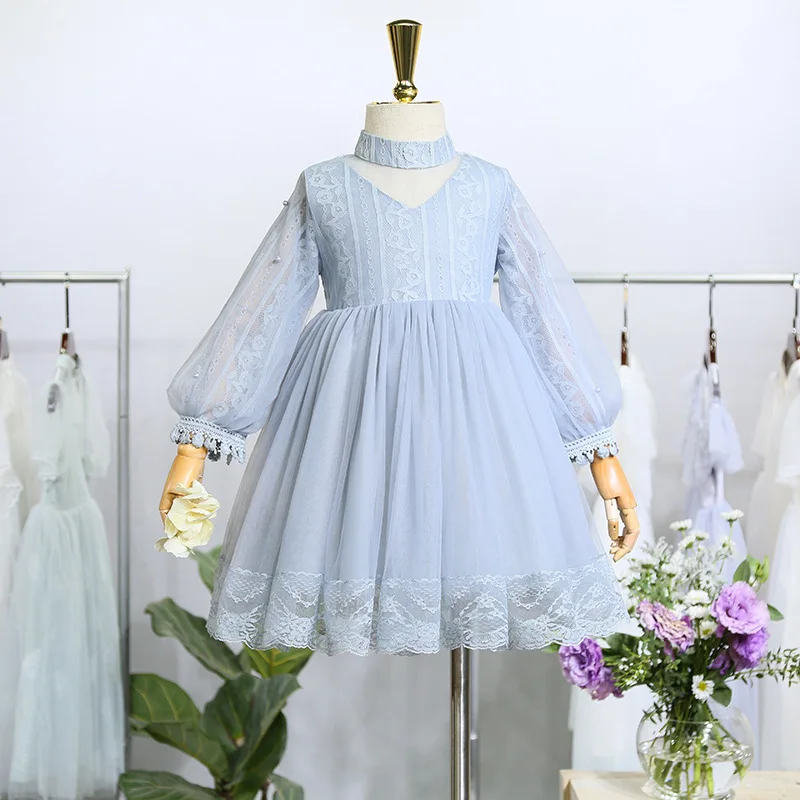 Весеннее платье для девочек модное кружевное платье принцессы для маленьких девочек платье с длинными рукавами и поясом