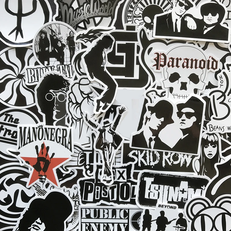50 قطعة بارد أسود وايت روك ملصقات الموسيقى الرجعية الفرقة ملصق لحزمة DIY لوح التزلج الأمتعة محمول سيارة دراجة نارية الشارات هدية