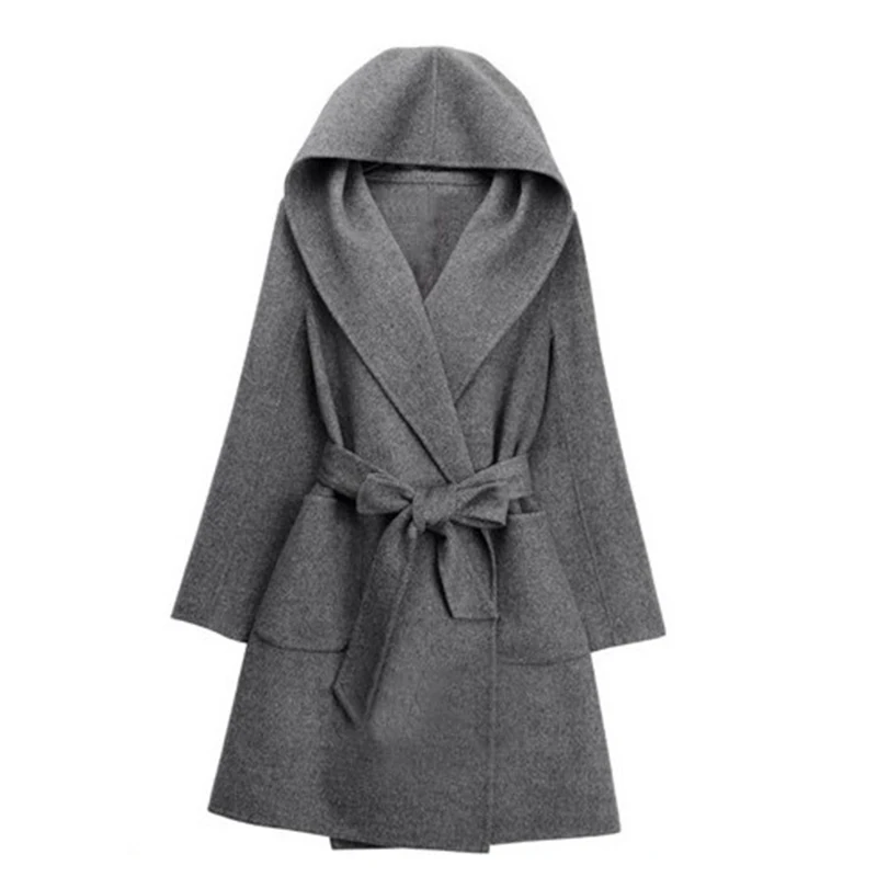 Winter Women Wool Coat Long Sleeve Two Sides Wear Belted Loose Warm Woolen Jacket Hooded Outerwear GDD99