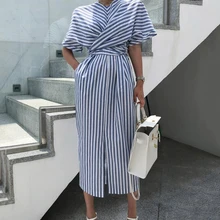 2019 Women Casual Blue Striped Split Dress Summer Short Sleeve O-neck Bandage Dress 2019 Women Casual Blue Striped Split Dress Summer Short Sleeve O-neck Bandage Dress