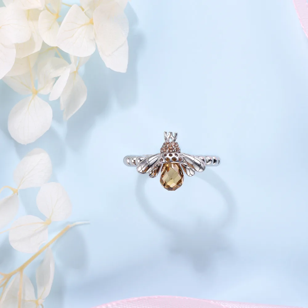 Kpop 925 Серебро Свадебное обручальное кольцо ювелирные изделия желтый кубический цирконий Регулируемая открытая Корона кольцо пчела для женщин R6314