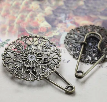 

31mm Antique Bronze Plated Blank Circle Filigree Flower Bezel Cameo Brooches Bases Safety-Pin Clip Settings Findings 40pcs/lot