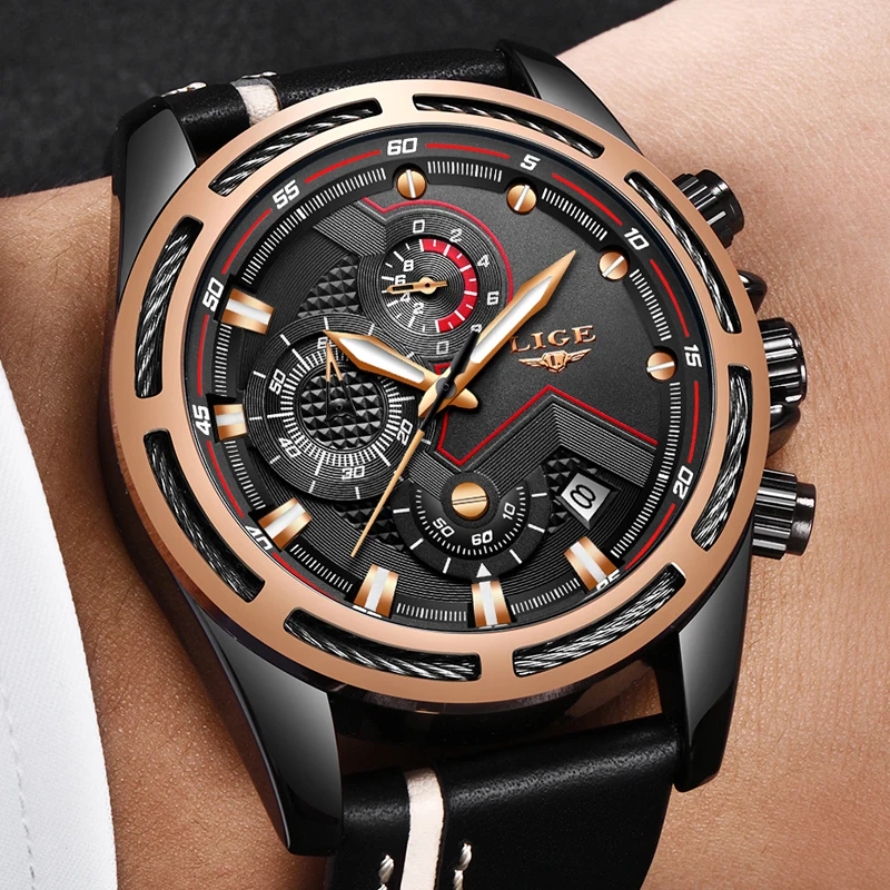 

New Luxury Brand LIGE Men Watches Fashion Waterproof Leather Quartz Men Military Chronograph Sports Watch Men Relogio Masculino