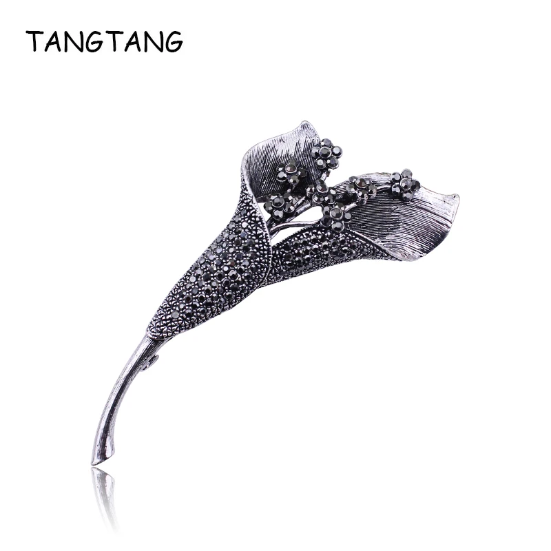 

TANGTANG Flower Brooches For Women Antique Silver Men Morning Glory Brooch Retro Rhinestone Lily Jewelry Pins Black Tone BH8446