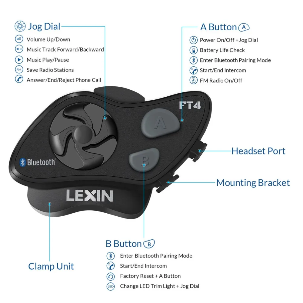 LEXIN LX-FT4 1-4 мотоциклиста Bluetooth шлем гарнитуры Интерком системы с улучшенным шумоподавлением до 1,2 км