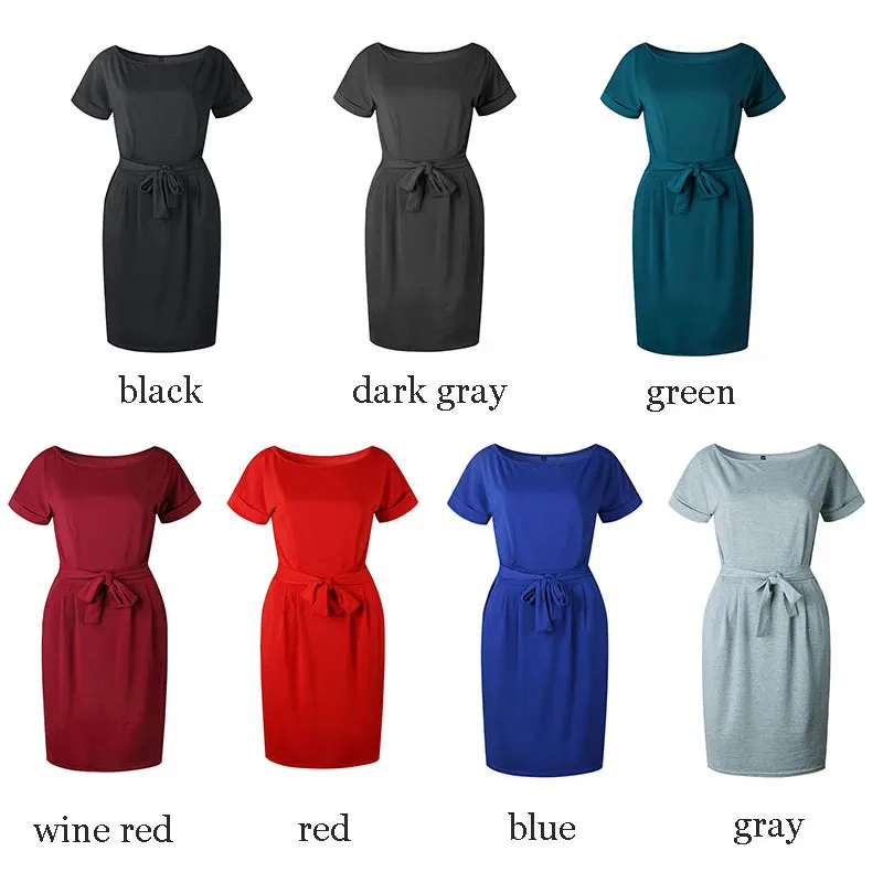 Solid O-neck Short Sleeves Lacing Dresses Women Casual Pockets Simple Dress Summer Ladies Fashion Breathable Dress Vestidos New