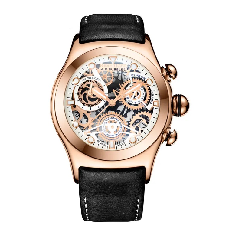 Риф Тигр/RT Скелет спортивные часы для мужчин розовое золото светящиеся кварцевые часы из натуральной кожи ремешок RGA792 - Цвет: RGA792PWB