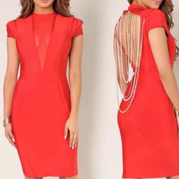 

Fashion New Jewelry Bandage Dress Elegant Women's Short Sleeve Beaded Halter Bodycon Dress Celebrity Party Dress Vestidos