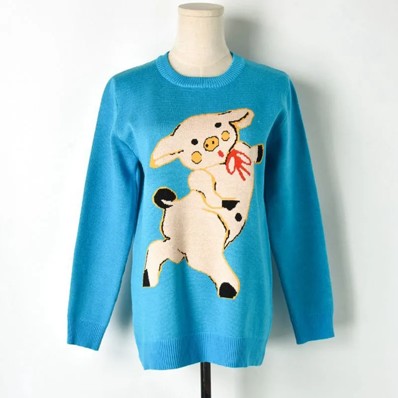 Runway Pullover Bright Blue Cute Pig Pattern Sweet Knitted Sweater O-neck Long Sleeve Fashion Elegant Jumper | Женская одежда