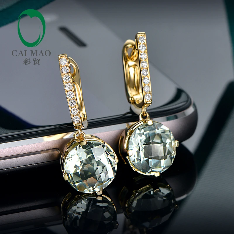 

Caimao Jewelry 14KT Gold 8mm Round Cut 3.21ct Green Amethyst & 0.10ct Diamond Engagement Earrings