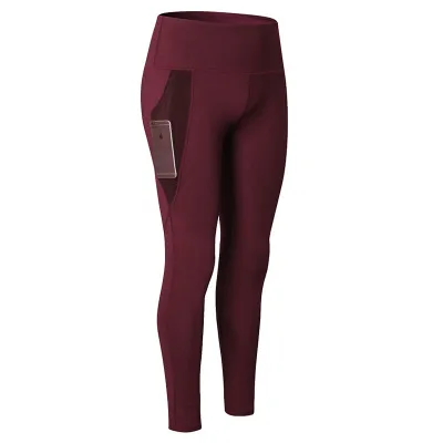Высокая Талия Леггинсы с карманами тренировочные женские милые брюки для бега спортивные колготки для фитнеса, леггинсы компрессионные, для бега Штаны - Цвет: Wine Red