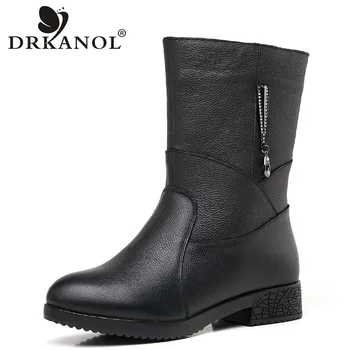 

DRKANOL Black Waterproof Genuine Leather Women Snow Boots Mid Calf Thick Heel Women Winter Plush Warm Boots Shoes Big Size 42