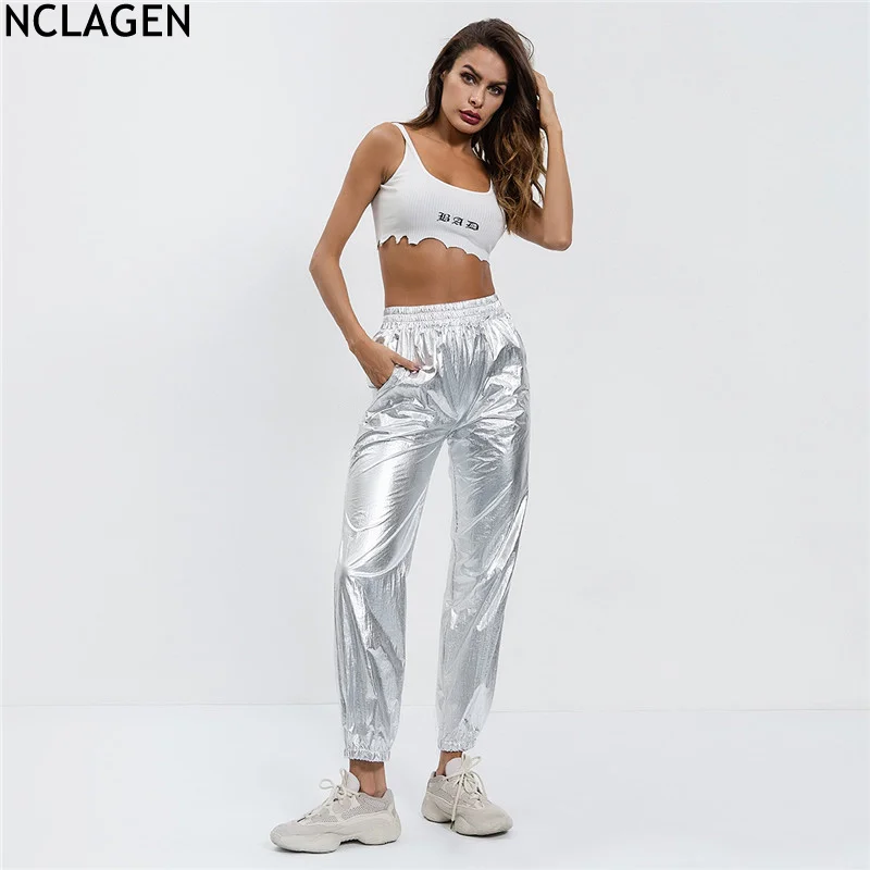 

NCLAGEN Women Solid Reflector Silvery Trousers Sweat Pants Autumn Streetwear Casual Trend High Waist Pleated Sweatpants
