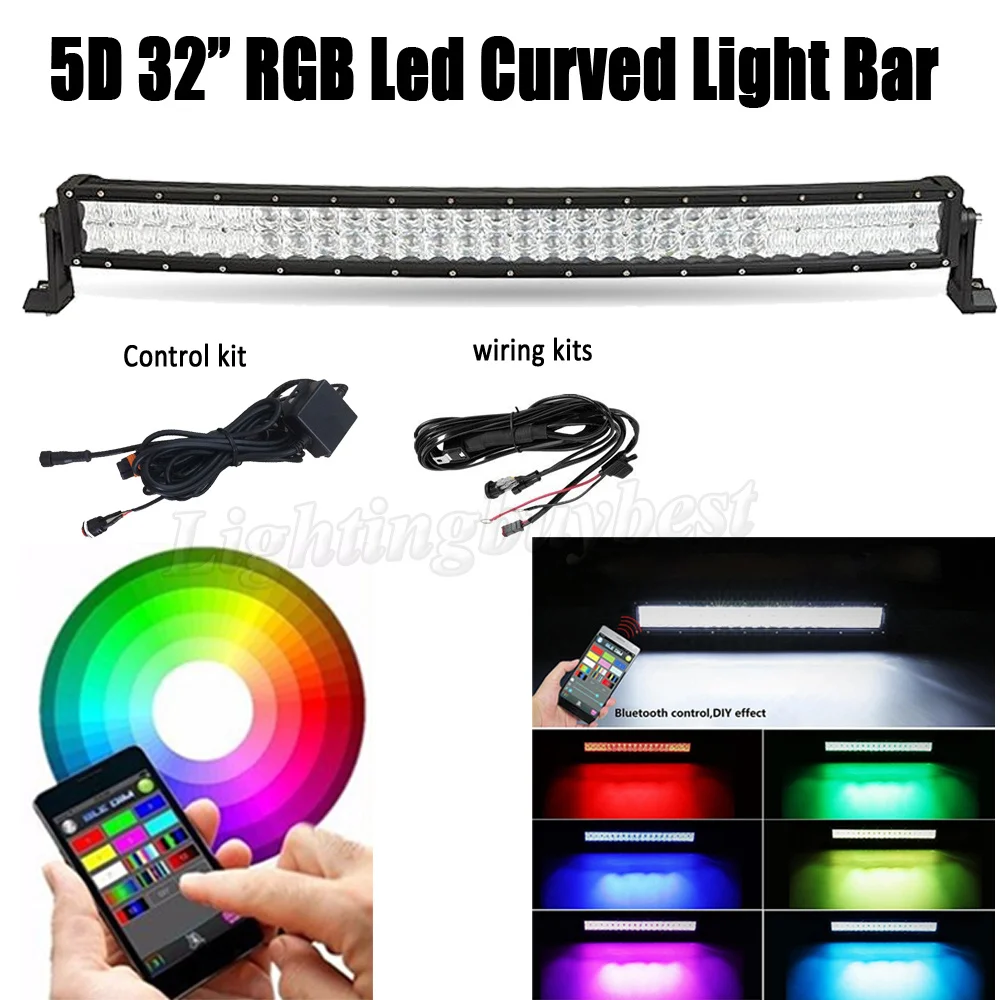

32 INCH 180W 5D LED RGB Curved Work Light Bar Combo Multicolor Changing For CREE chips Offroad ATV SUV Driving 4X4 4WD Boat APP