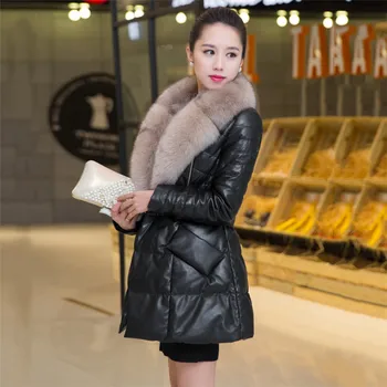 

Women Sheepskin Jacket Genuine Leather Down Coat 2019 New Medium Long High Quality Overcoat Fox Fur Collar Lady Down Jacket FC19