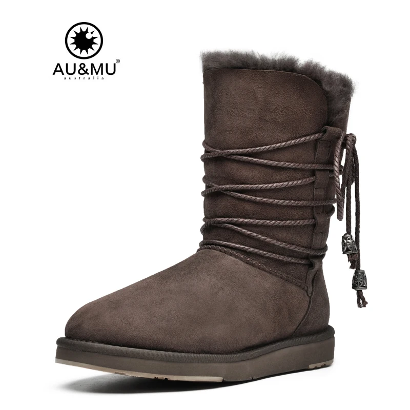 

2018 AUMU Australia Fur Flat Wooden Beaded Slip-on Round Toe Rubber Soles Mid-calf Winter Snow Boots N378