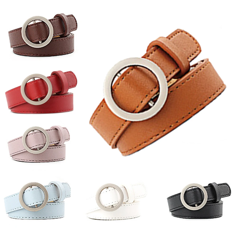 

1Pcs Women Fashion Metal Round Buckle Belts Female Leisure Jean Wild Silver Without Pin Metal Buckle Leather Strap Belt
