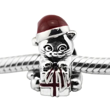 Подходит для браслетов Pandora, Рождественский котенок, Амулеты с ягодной красной эмалью, серебро пробы, бусины