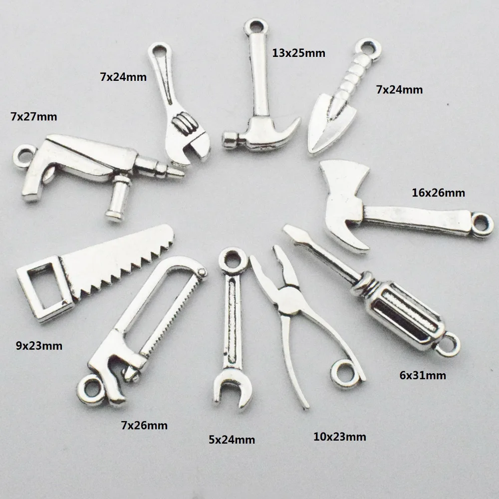 Tool Charm Collection 40pcs Tibetan Silver Tone Hammer Wrench Saw