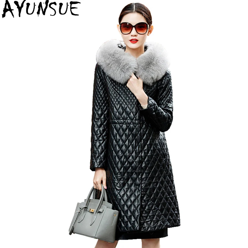 

AYUNSUE Genuine Leather Jacket Winter Coat Women Real Sheepskin Coat Female Fox Fur Hooded Cotton Padded Outerwear Parka WYQ849