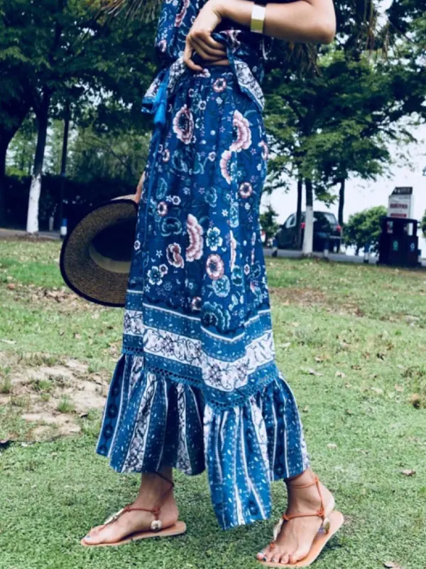 Blue Boho Skirt Printed Summer Skirt for Women