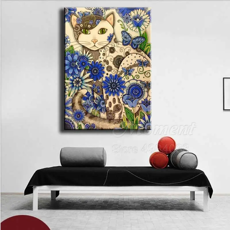 Ever Moment Diamond Painting Picture Of Rhinestone Abstract Cat Blue Flower Full Square Bead Gift Diamond Embroidery 3F1785