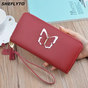 

2019 Wallets Women Leather Phone Wallets Female Tassel Butterfly Pattern Long Zipper Coin Purses Credit Card Holders Clutch Bags